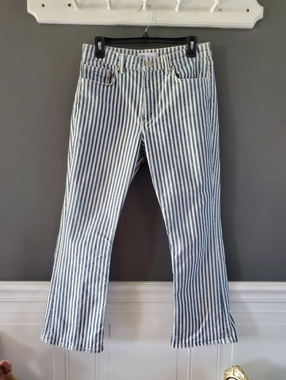 ZARA Striped High Rise Cropped Flare Jeans 8